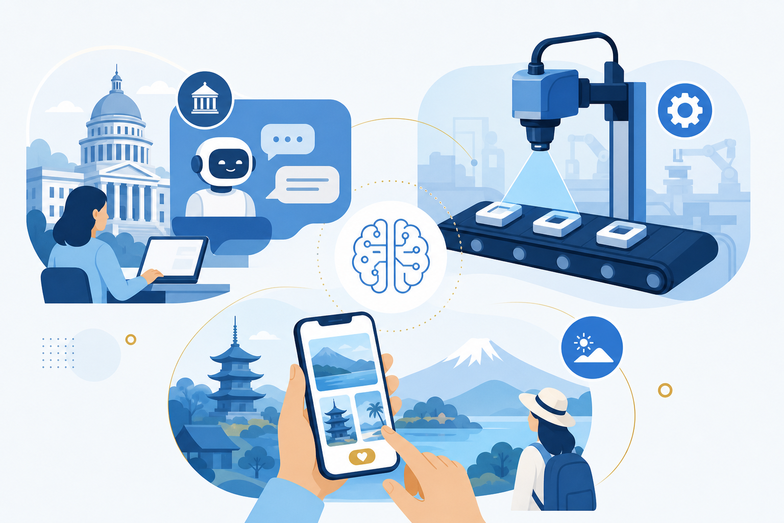 行政・製造・観光のAI活用事例を象徴するイラスト