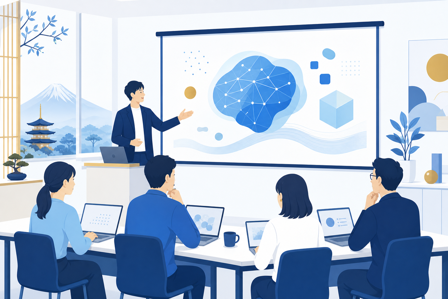 滋賀で開かれるClaude Codeのセミナー・研修の様子をイメージしたイラスト