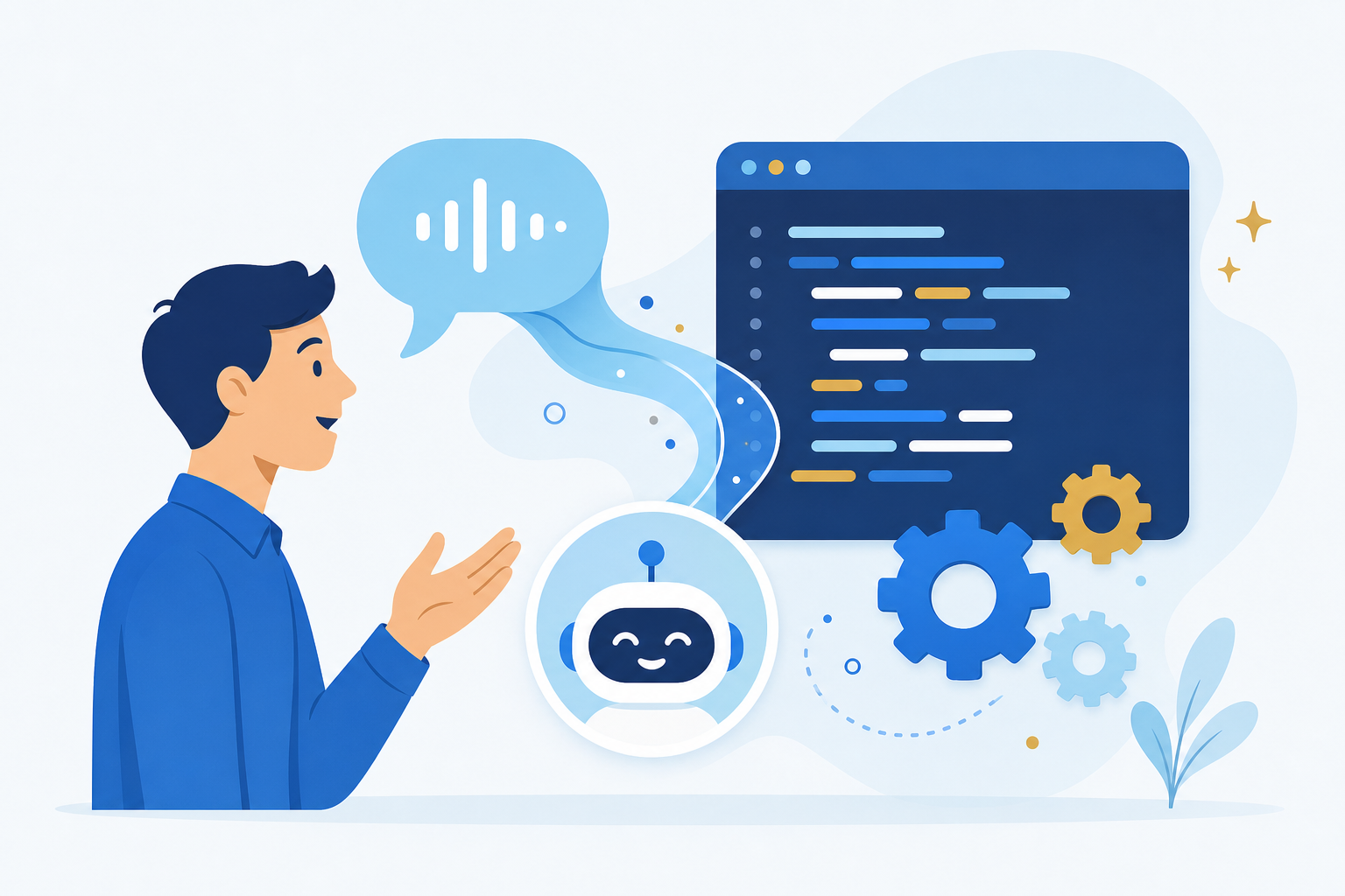 日常の言葉をコードに変える対話型AIの概念イラスト